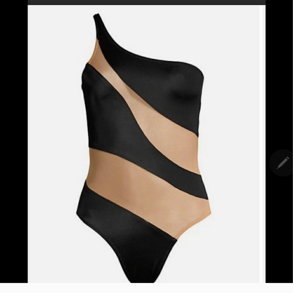 Norma Kamali Black and Nude One-Shoulder Cutout One-Piece Swimsuit